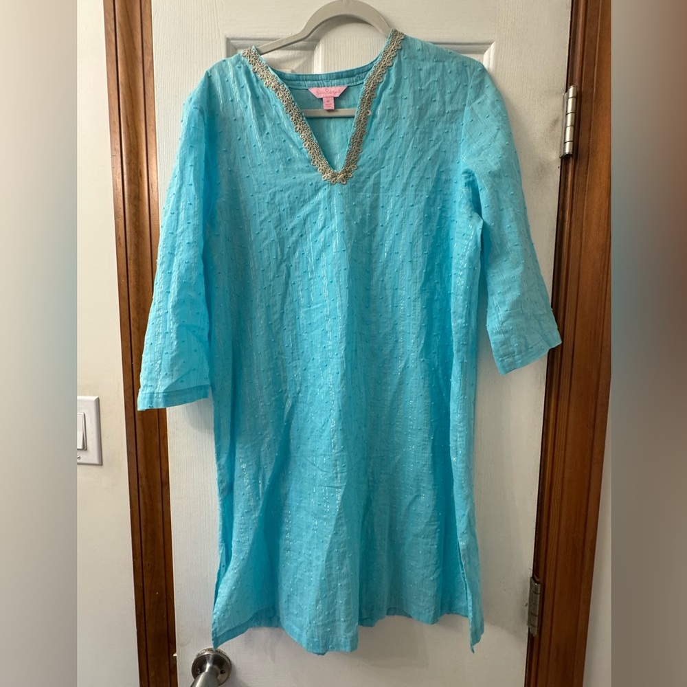 Lilly Pulitzer Women's Aqua Blue Metallic Striped Tunic Swimsuit Coverall